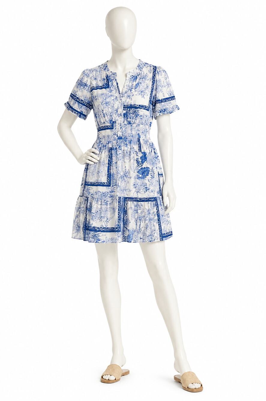 Nicole Miller Blue White Floral Toile Print Midi Dress Cotton Blend Womens 10